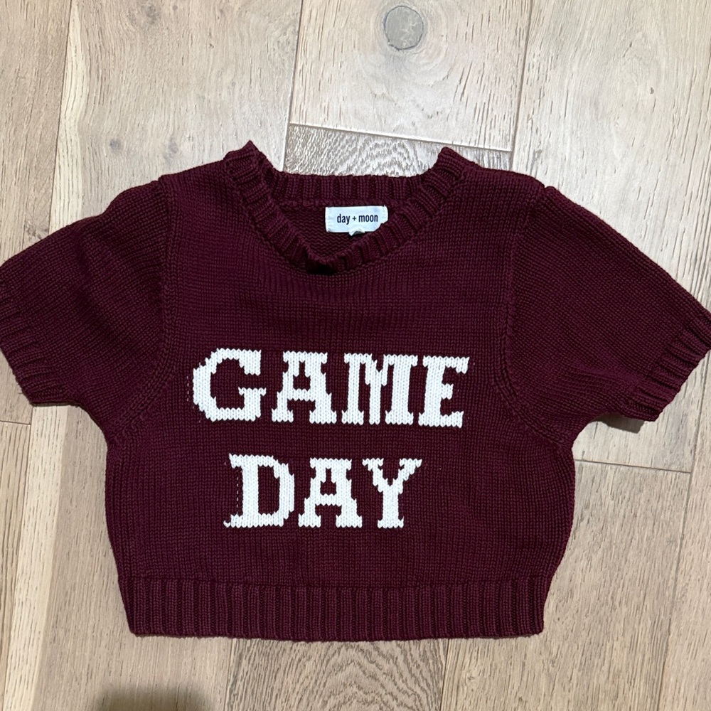 Day + Moon Maroon Knit Crop Top with White 'GAME DAY' Lettering